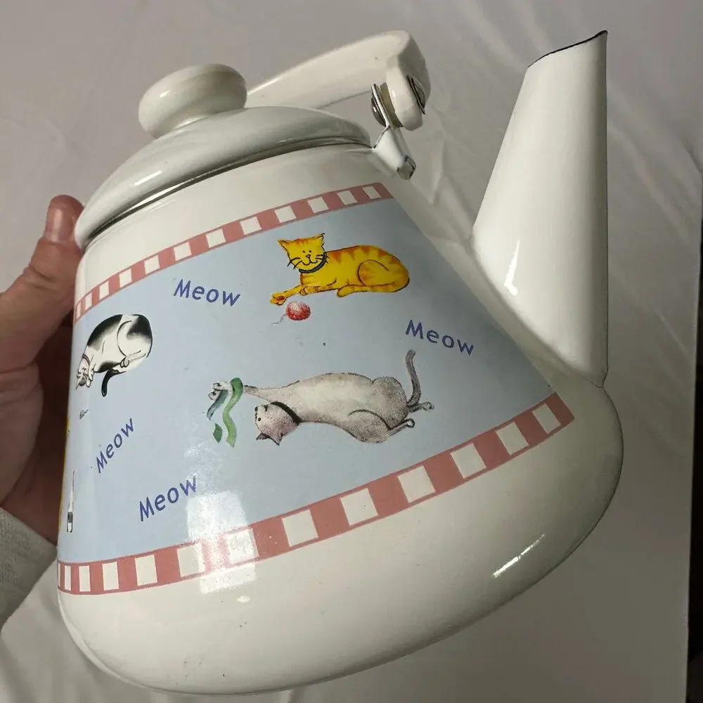 Vintage 80s Kitsch Whimsical Cat Enamel Kettle